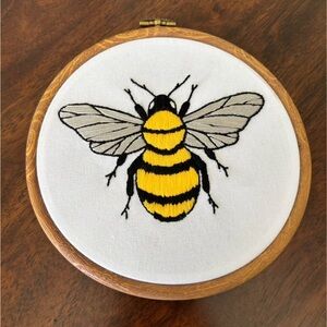 Hand embroidered framed bumble bee wall hanging art